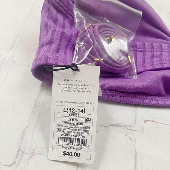[Shade & Shore] NWT purple ribbed cutout one piece bandeau swimsuit LARGE - Picture 4 of 4